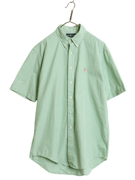 90s ラルフローレン チェック 半袖 ボタンダウン シャツ メンズ L / オールド ポロ 半袖シャツ コットン ワイシャツ ワンポイント グリーン