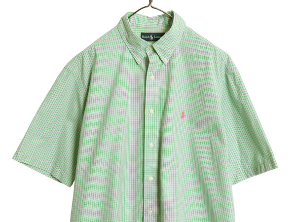 90s ラルフローレン チェック 半袖 ボタンダウン シャツ メンズ L / オールド ポロ 半袖シャツ コットン ワイシャツ ワンポイント グリーン