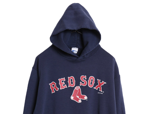 00s レッドソックス プリント スウェット フード パーカー メンズ M オールド MLB 大リーグ オフィシャル ラッセル 裏起毛 プルオーバー 紺