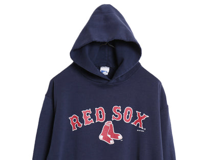 00s レッドソックス プリント スウェット フード パーカー メンズ M オールド MLB 大リーグ オフィシャル ラッセル 裏起毛 プルオーバー 紺