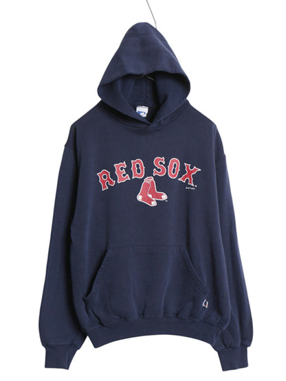 00s レッドソックス プリント スウェット フード パーカー メンズ M オールド MLB 大リーグ オフィシャル ラッセル 裏起毛 プルオーバー 紺