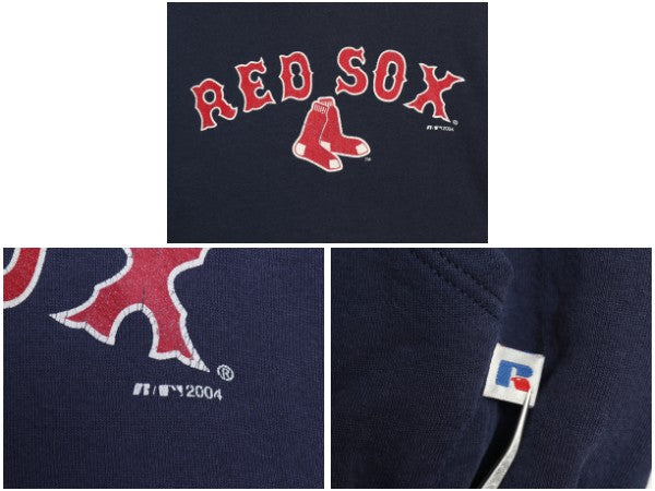 00s レッドソックス プリント スウェット フード パーカー メンズ M オールド MLB 大リーグ オフィシャル ラッセル 裏起毛 プルオーバー 紺