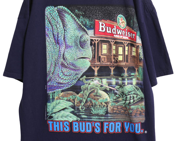90s ★ バドワイザー カエル カメレオン イラスト プリント Tシャツ メンズ XL / オールド キャラクター ビール 企業物 当時物 アニマル 紺
