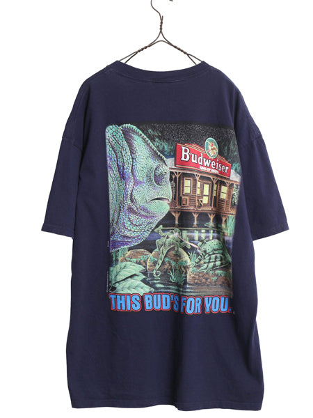 90s ★ バドワイザー カエル カメレオン イラスト プリント Tシャツ メンズ XL / オールド キャラクター ビール 企業物 当時物 アニマル 紺