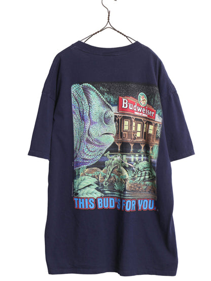 90s ★ バドワイザー カエル カメレオン イラスト プリント Tシャツ メンズ XL / オールド キャラクター ビール 企業物 当時物 アニマル 紺