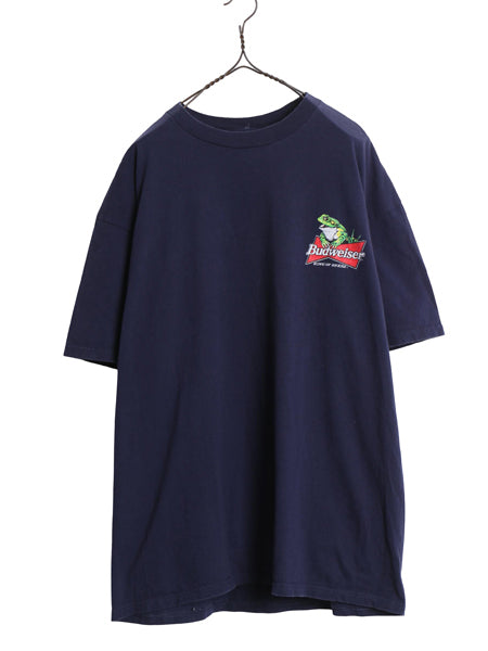 90s ★ バドワイザー カエル カメレオン イラスト プリント Tシャツ メンズ XL / オールド キャラクター ビール 企業物 当時物 アニマル 紺