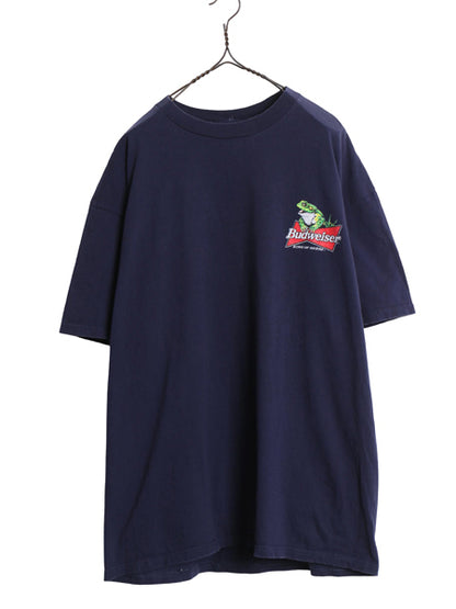 90s ★ バドワイザー カエル カメレオン イラスト プリント Tシャツ メンズ XL / オールド キャラクター ビール 企業物 当時物 アニマル 紺