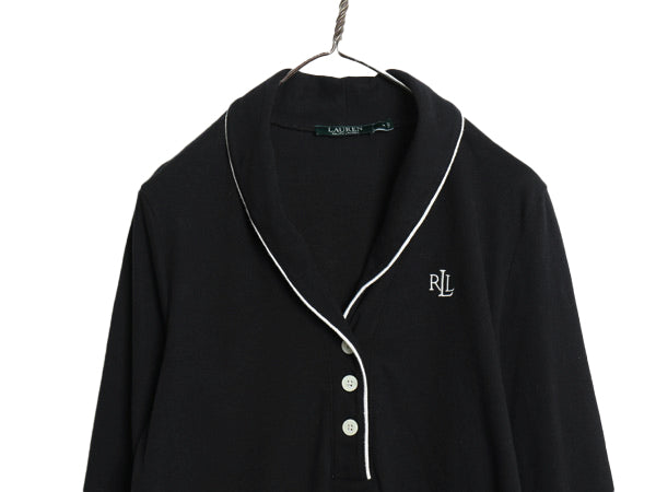 ローレン ラルフローレン ショールカラー 長袖 Tシャツ レディース M / 古着 7分袖 ヘンリーネック カットソー ストレッチ ワンポイント 黒