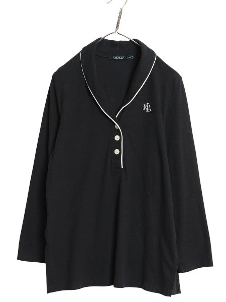 ローレン ラルフローレン ショールカラー 長袖 Tシャツ レディース M / 古着 7分袖 ヘンリーネック カットソー ストレッチ ワンポイント 黒