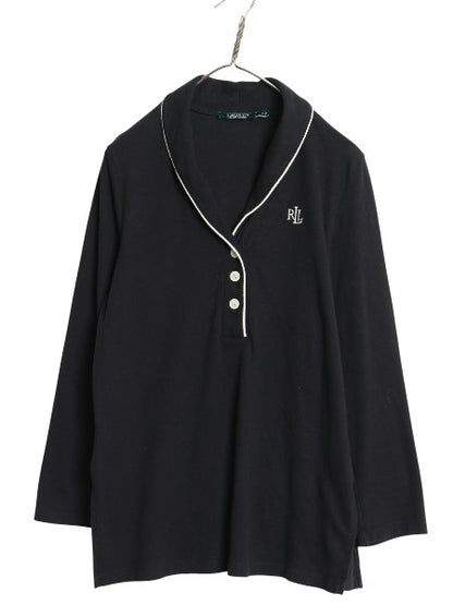ローレン ラルフローレン ショールカラー 長袖 Tシャツ レディース M / 古着 7分袖 ヘンリーネック カットソー ストレッチ ワンポイント 黒