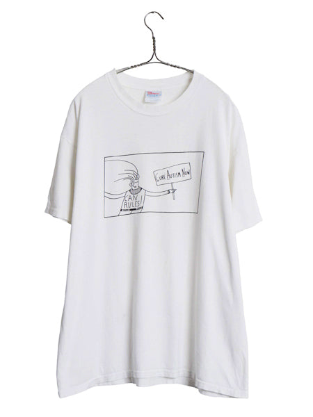 90s 両面 イラスト プリント Tシャツ メンズ XL / オールド グラフィック アート メッセージ キャラクター シングルステッチ 大きいサイズ