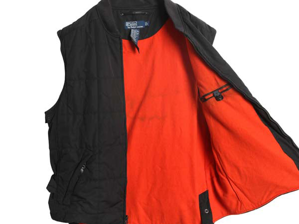 00s ポロ ラルフローレン 中綿 ナイロン キルティング ベスト メンズ L オールド ウール カシミヤ ライナー付き フルジップ 重ね着 無地 黒