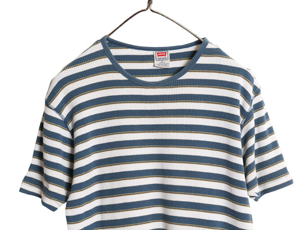 90s リーバイス ボーダー 半袖 Tシャツ メンズ L 古着 オールド ストレッチ リブ編み カットソー シングルステッチ インナー ワンポイント