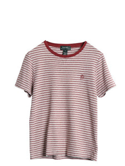 90s ローレン ラルフローレン ボーダー 半袖 Tシャツ レディース S オールド ポロ コットン ストレッチ リブ編み カットソー ワンポイント
