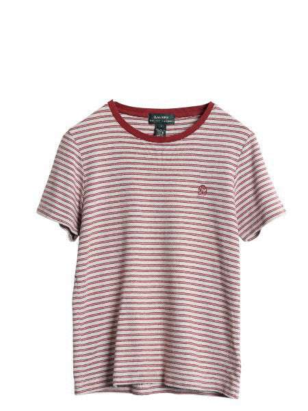 90s ローレン ラルフローレン ボーダー 半袖 Tシャツ レディース S オールド ポロ コットン ストレッチ リブ編み カットソー ワンポイント