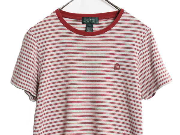 90s ローレン ラルフローレン ボーダー 半袖 Tシャツ レディース S オールド ポロ コットン ストレッチ リブ編み カットソー ワンポイント