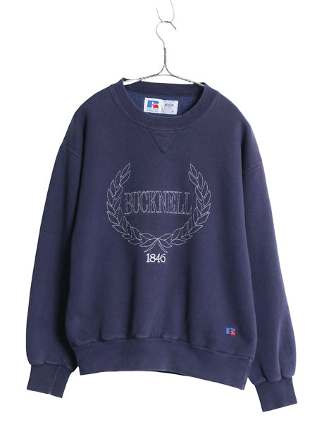 90s USA製 ラッセル カレッジ クレスト 刺繍 スウェット メンズ レディース M / オールド トレーナー 前V 裏起毛 ヘビーウェイト ネイビー