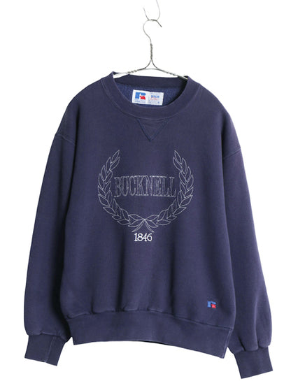 90s USA製 ラッセル カレッジ クレスト 刺繍 スウェット メンズ レディース M / オールド トレーナー 前V 裏起毛 ヘビーウェイト ネイビー