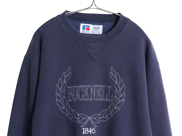 90s USA製 ラッセル カレッジ クレスト 刺繍 スウェット メンズ レディース M / オールド トレーナー 前V 裏起毛 ヘビーウェイト ネイビー