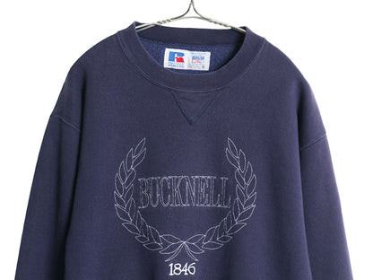 90s USA製 ラッセル カレッジ クレスト 刺繍 スウェット メンズ レディース M / オールド トレーナー 前V 裏起毛 ヘビーウェイト ネイビー