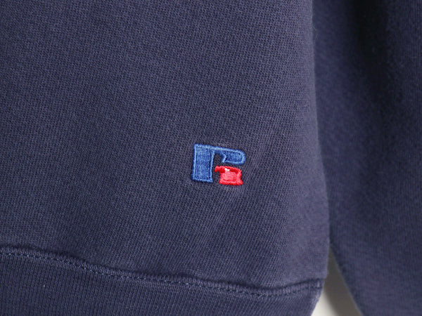 90s USA製 ラッセル カレッジ クレスト 刺繍 スウェット メンズ レディース M / オールド トレーナー 前V 裏起毛 ヘビーウェイト ネイビー