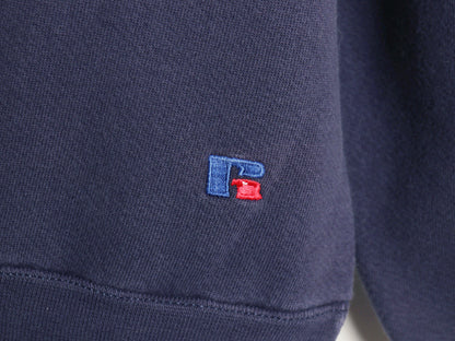 90s USA製 ラッセル カレッジ クレスト 刺繍 スウェット メンズ レディース M / オールド トレーナー 前V 裏起毛 ヘビーウェイト ネイビー