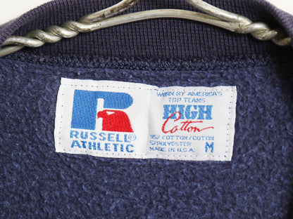 90s USA製 ラッセル カレッジ クレスト 刺繍 スウェット メンズ レディース M / オールド トレーナー 前V 裏起毛 ヘビーウェイト ネイビー