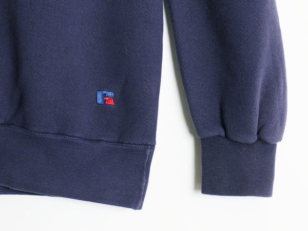 90s USA製 ラッセル カレッジ クレスト 刺繍 スウェット メンズ レディース M / オールド トレーナー 前V 裏起毛 ヘビーウェイト ネイビー