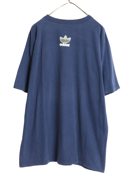 90s USA製 アディダス トレフォイル ロゴ プリント 半袖 Tシャツ メンズ L オールド 両面 グラフィック ヘビーウェイト コットン ネイビー