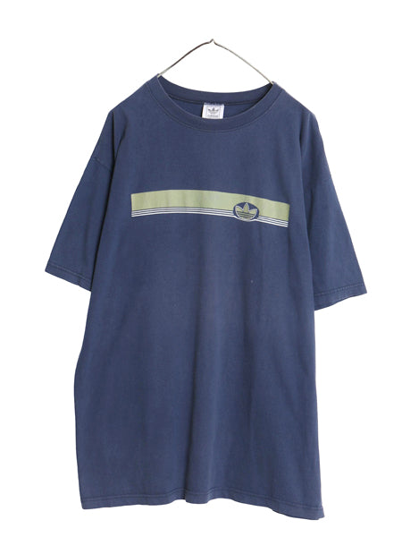 90s USA製 アディダス トレフォイル ロゴ プリント 半袖 Tシャツ メンズ L オールド 両面 グラフィック ヘビーウェイト コットン ネイビー