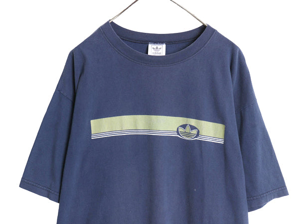 90s USA製 アディダス トレフォイル ロゴ プリント 半袖 Tシャツ メンズ L オールド 両面 グラフィック ヘビーウェイト コットン ネイビー