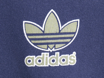 90s USA製 アディダス トレフォイル ロゴ プリント 半袖 Tシャツ メンズ L オールド 両面 グラフィック ヘビーウェイト コットン ネイビー