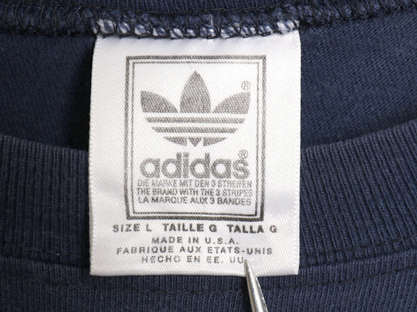 90s USA製 アディダス トレフォイル ロゴ プリント 半袖 Tシャツ メンズ L オールド 両面 グラフィック ヘビーウェイト コットン ネイビー
