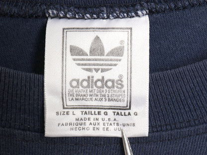 90s USA製 アディダス トレフォイル ロゴ プリント 半袖 Tシャツ メンズ L オールド 両面 グラフィック ヘビーウェイト コットン ネイビー
