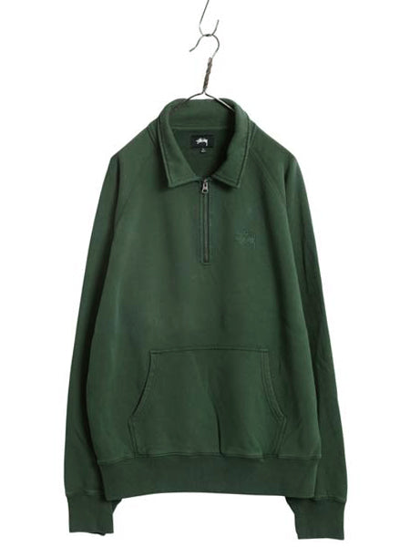 ステューシー ハーフジップ スウェット メンズ XL / トレーナー プルオーバー 襟付き ヘビーウェイト ワンポイント 裏起毛 大きいサイズ 緑