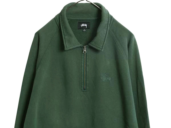 ステューシー ハーフジップ スウェット メンズ XL / トレーナー プルオーバー 襟付き ヘビーウェイト ワンポイント 裏起毛 大きいサイズ 緑