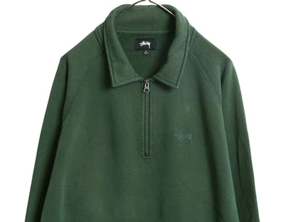 ステューシー ハーフジップ スウェット メンズ XL / トレーナー プルオーバー 襟付き ヘビーウェイト ワンポイント 裏起毛 大きいサイズ 緑