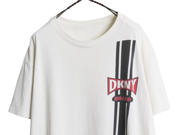 90s ☆ DKNY ダナキャラン ロゴ プリント Tシャツ メンズ L 程/ 古着 オールド 当時物 グラフィック カットソー シングルステッチ ホワイト