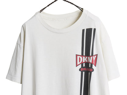 90s ☆ DKNY ダナキャラン ロゴ プリント Tシャツ メンズ L 程/ 古着 オールド 当時物 グラフィック カットソー シングルステッチ ホワイト