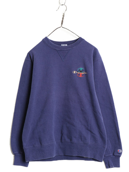 90s チャンピオン ワンポイント スウェット メンズ レディース M 程/ 古着 オールド 裏起毛 トレーナー スクリプト ロゴ 前V 目つき 青 紫