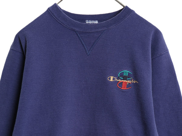 90s チャンピオン ワンポイント スウェット メンズ レディース M 程/ 古着 オールド 裏起毛 トレーナー スクリプト ロゴ 前V 目つき 青 紫