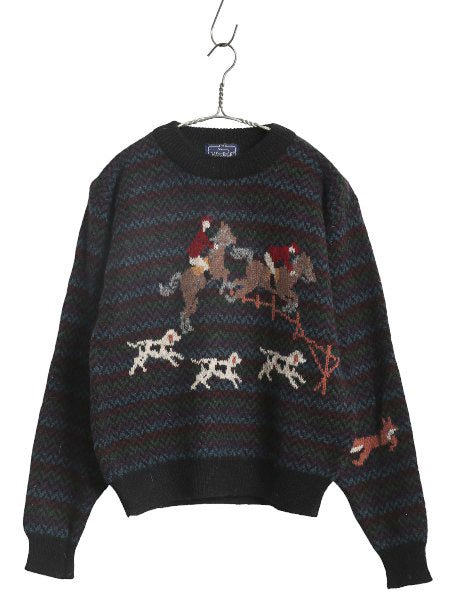 80s ウールリッチ デザイン ニット セーター レディース M 程/ 古着 旧タグ ヴィンテージ 乗馬 絵柄 ドッグ アニマル ウール マルチカラー
