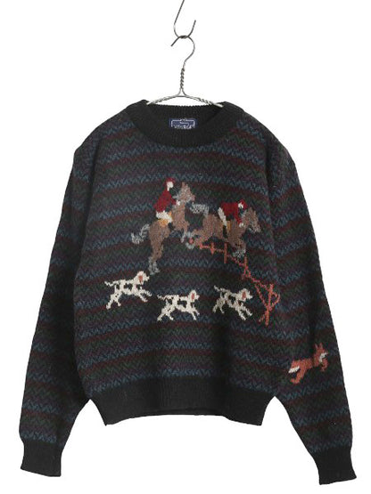 80s ウールリッチ デザイン ニット セーター レディース M 程/ 古着 旧タグ ヴィンテージ 乗馬 絵柄 ドッグ アニマル ウール マルチカラー