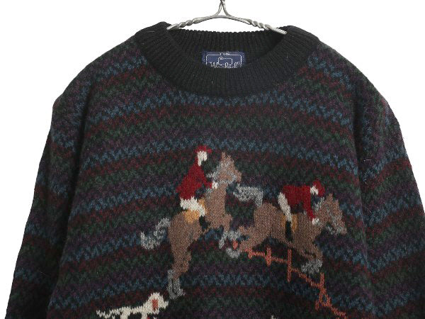 80s ウールリッチ デザイン ニット セーター レディース M 程/ 古着 旧タグ ヴィンテージ 乗馬 絵柄 ドッグ アニマル ウール マルチカラー
