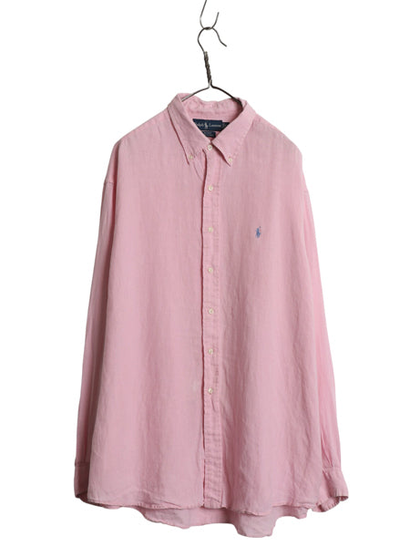 90s ラルフローレン 長袖 ボタンダウン シャツ メンズ XL オールド ポロ 100% リネン 高級 長袖シャツ ワンポイント 大きいサイズ シンプル