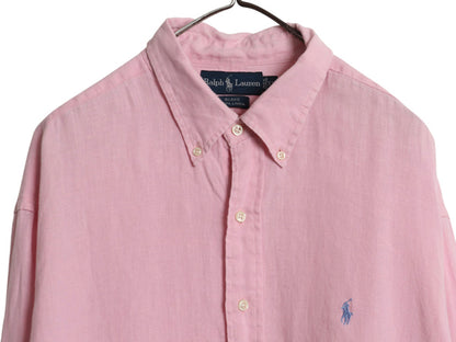 90s ラルフローレン 長袖 ボタンダウン シャツ メンズ XL オールド ポロ 100% リネン 高級 長袖シャツ ワンポイント 大きいサイズ シンプル