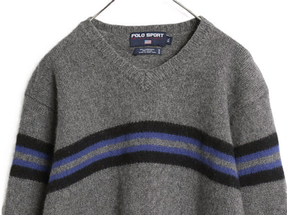 90s ポロスポーツ ラルフローレン ボーダー ニット セーター メンズ XL 小さめ L 程/ オールド 当時物 ポロ ラム ウール リブ編み Vネック