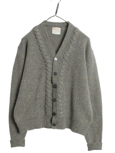 60s ニット カーディガン メンズ M 小さめ S 程 ヴィンテージ ウール セーター 前開き 重ね着 ケーブル 洗濯可能 シンプル トップス カーキ