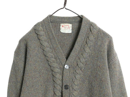 60s ニット カーディガン メンズ M 小さめ S 程 ヴィンテージ ウール セーター 前開き 重ね着 ケーブル 洗濯可能 シンプル トップス カーキ