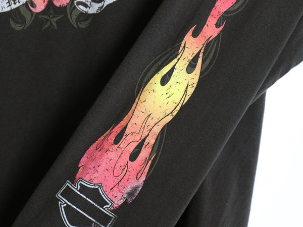00s ハーレー ダビッドソン 4面 プリント 長袖 Tシャツ メンズ XL / オールド ロンT スカル ファイヤー パターン イラスト 大きいサイズ 黒